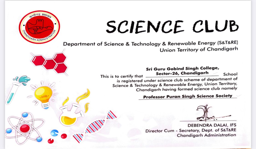 Science Club registration certificate from the Department of Science & Technology and Renewable Energy, Chandigarh Administration