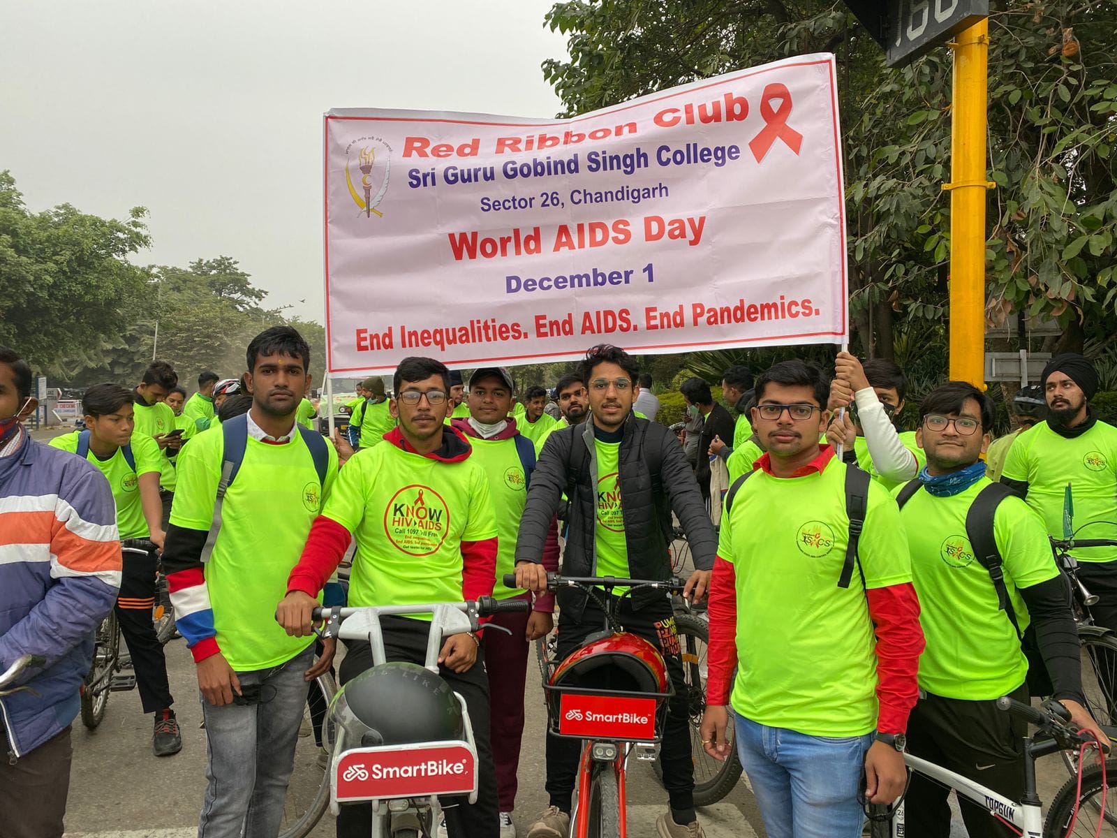 Student cyclists at the Cyclothon rally on World AIDS Day